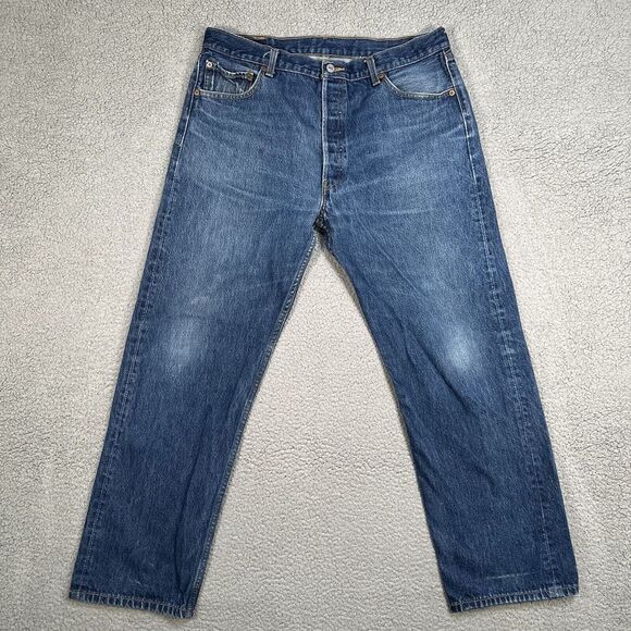 Levis 501 Jeans Mens 38x33 Blue Straight Fit Button Fly‎ Denim Logo (36x29) - Picture 1 of 15